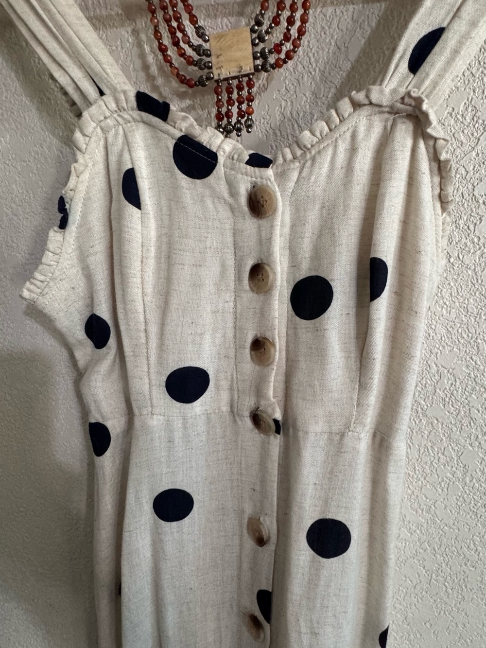 Sincerely Jules Cream PolkaDot,Button-Front,stretch waist, linen blend dress - Picture 7 of 7